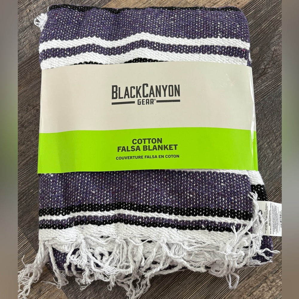 NWT- Black Canyon Cotton Falsa Blanket, made in Mexico, purple/black/white